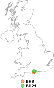 map showing distance between BH8 and BH24