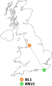 map showing distance between BL1 and BN21