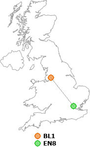 map showing distance between BL1 and EN8