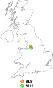 map showing distance between BL8 and M14