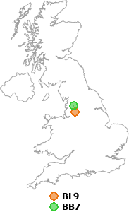 map showing distance between BL9 and BB7