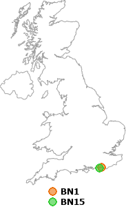 map showing distance between BN1 and BN15