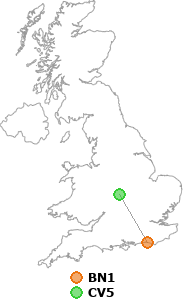 map showing distance between BN1 and CV5