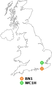 map showing distance between BN1 and WC1H