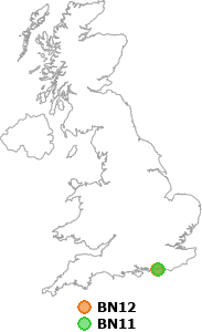 map showing distance between BN12 and BN11