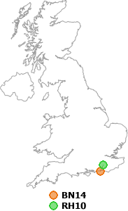 map showing distance between BN14 and RH10