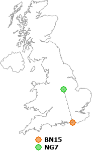 map showing distance between BN15 and NG7