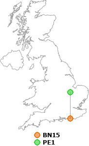 map showing distance between BN15 and PE1