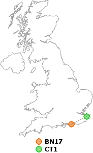 map showing distance between BN17 and CT1