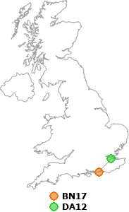 map showing distance between BN17 and DA12