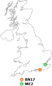 map showing distance between BN17 and ME2