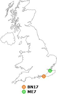 map showing distance between BN17 and ME7