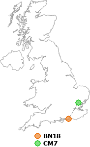 map showing distance between BN18 and CM7