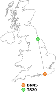 map showing distance between BN45 and TS20