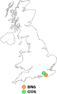 map showing distance between BN6 and GU6