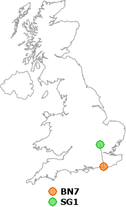 map showing distance between BN7 and SG1