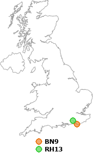 map showing distance between BN9 and RH13