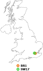 map showing distance between BR1 and SW17