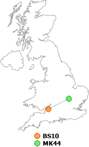 map showing distance between BS10 and MK44