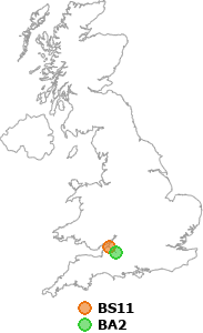 map showing distance between BS11 and BA2