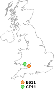 map showing distance between BS11 and CF44