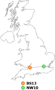 map showing distance between BS13 and NW10