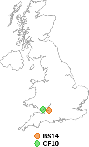 map showing distance between BS14 and CF10