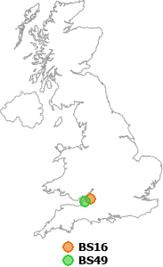 map showing distance between BS16 and BS49