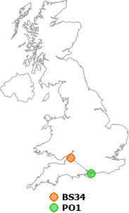 map showing distance between BS34 and PO1