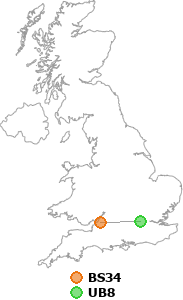 map showing distance between BS34 and UB8