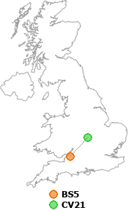 map showing distance between BS5 and CV21