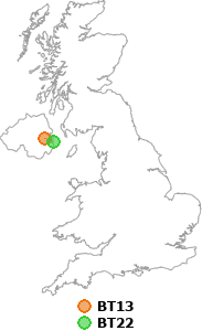 map showing distance between BT13 and BT22