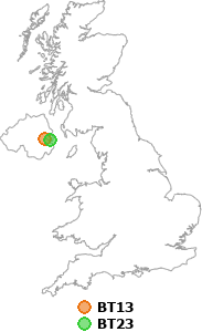 map showing distance between BT13 and BT23