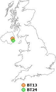 map showing distance between BT13 and BT24