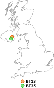 map showing distance between BT13 and BT25