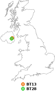 map showing distance between BT13 and BT28