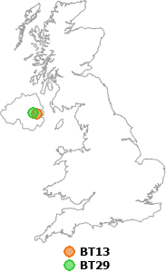 map showing distance between BT13 and BT29