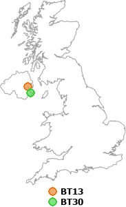 map showing distance between BT13 and BT30