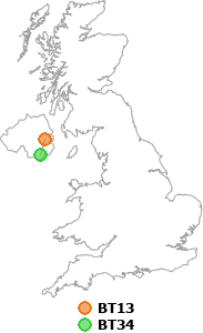 map showing distance between BT13 and BT34