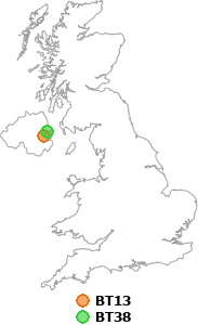 map showing distance between BT13 and BT38