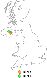 map showing distance between BT17 and BT41