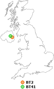 map showing distance between BT2 and BT41