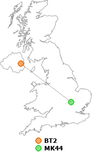 map showing distance between BT2 and MK44