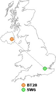 map showing distance between BT28 and SW6