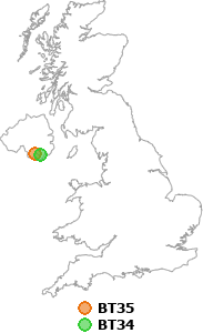 map showing distance between BT35 and BT34