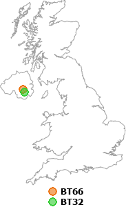 map showing distance between BT66 and BT32