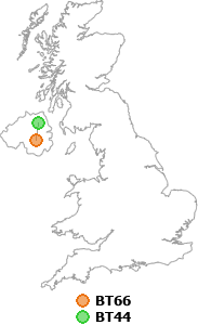 map showing distance between BT66 and BT44