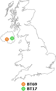 map showing distance between BT69 and BT17