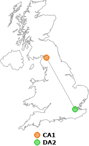 map showing distance between CA1 and DA2