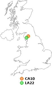 map showing distance between CA10 and LA22